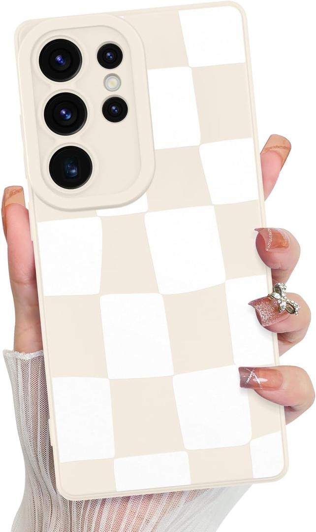 KANGHAR Compatible with Samsung Galaxy S25 Ultra Case, Silicone Checkered Cute Pattern, Camera Protection Soft Slim Phone Case for Girls Women, White Checkered 