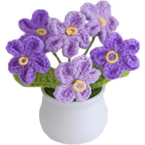 Blync Knitting Crochet Flowers Potted Plants, Fake Forget Me Not Flowers for Friends, Family and Lover, Artificial Handmade Flowers for Valentines Birthday Wedding Gift and Home Decor (Gpurple)