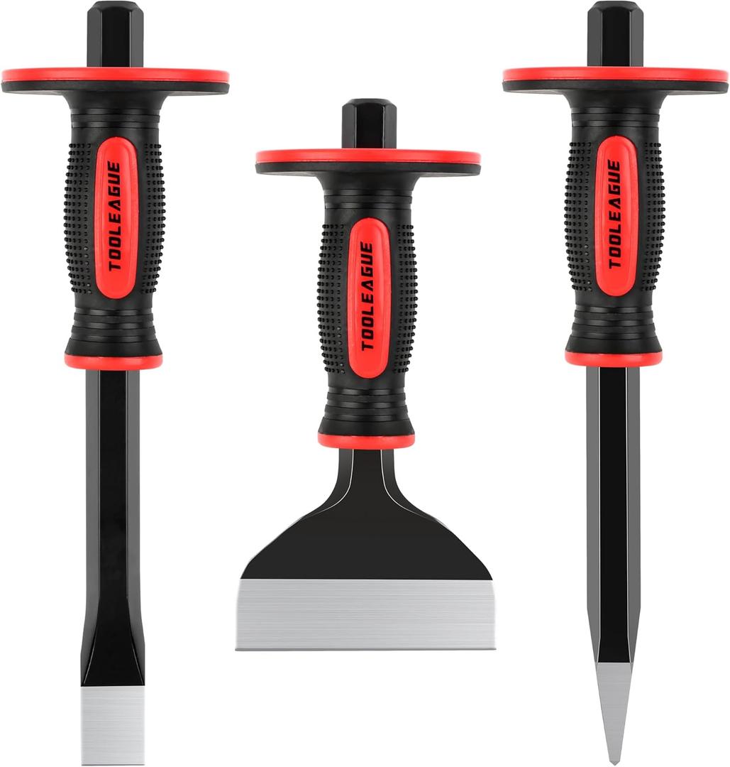 TOOLEAGUE 3Pcs Heavy Duty Masonry Chisel Set, Stone and Rock Tool,11-Inch Point & Flat Chisel, 8-Inch Brick Chisel with Hand Protection