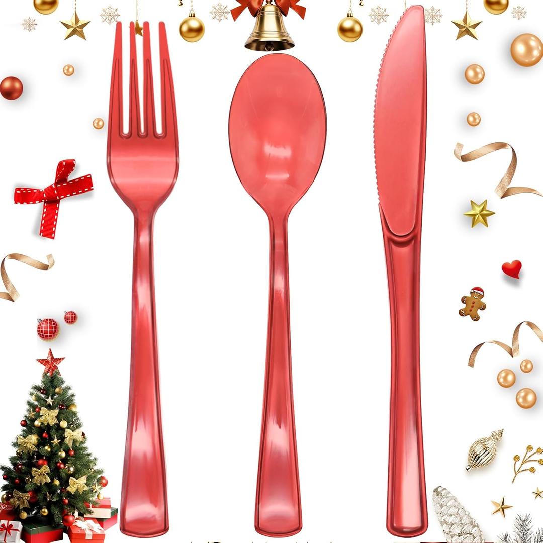 150 Pack Red Plastic Silverware, Red Utensils Heavy Duty, Disposable Plastic Cutlery Include 50 Forks, 50 Spoons, 50 Knives for Birthday, Party, Christmas, New Year