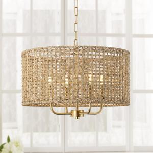 Rattan Drum Chandeliers for Dining Room, 4-Light Bohemian Hand-Woven Farmhouse Pendant Light Dining Room Light Fixture Chandelier for Entryway Living Room Kitchen Stairway Bedroom Hallway(Gold)
