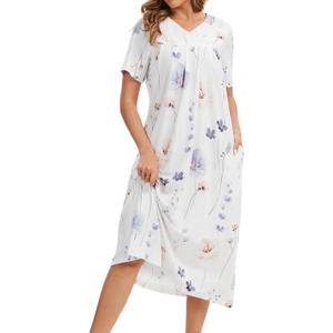 Lerliacr Nightgowns for Women Cotton Soft Short Sleeve Sleepwear Victorian Nightgowns for Women Cotton Short Sleeve Sleepwear Victorian V Neck Night Dress with Pockets Loose Loungewear(Flower, XL)