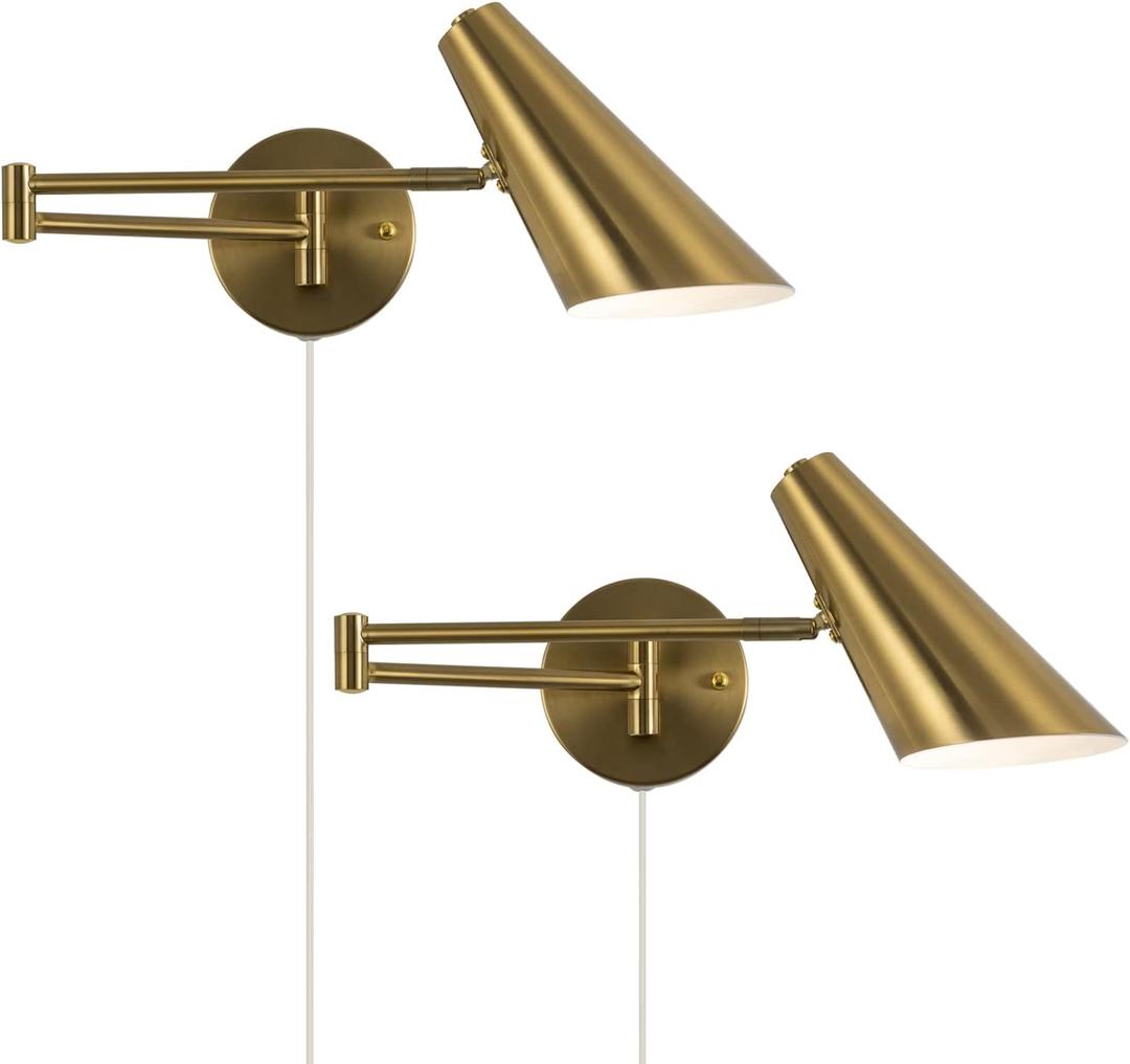 Plug in Wall Sconce Set of 2, Brass Swing Arms Wall Light Plug-in Wall Lamp for Bedroom Living Room Wall Lamp