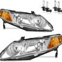 Headlights W/Bulbs for 2006-2011 Honda Civic 4-Door Halogen Headlamp Replacement Driver & Passenger Side (NOT fit 2-Door)