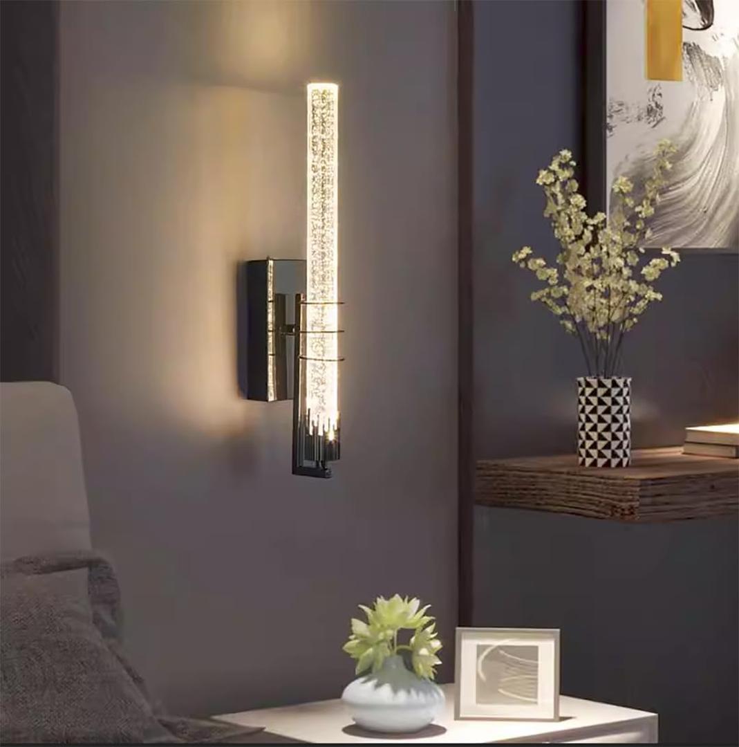 Bubble Glass Wall Sconce,LED Dimmable Wall Mount Light Fixture for Bathroom Hallway Bedroom,Modern Indoor Wall Lantern in Matte Black Finish with Crystal Bubble Column
