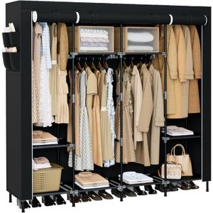 Portable Closet, 66.9 Inch Large Capacity Wardrobe Closet with Cover, Clothes Storage Organizer with Shelves and 4 Hanging Rods, Easy to Assembly, Black PCT204B01
