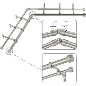 Brushed Nickel Double Corner Window Curtain Rods with Aluminum End Cap Finials and Brackets,1 Inch Diameter Dual Bay Window Curtain Rods, Adjustable 2 Sided 36-72 Inch Double Drapery Rod