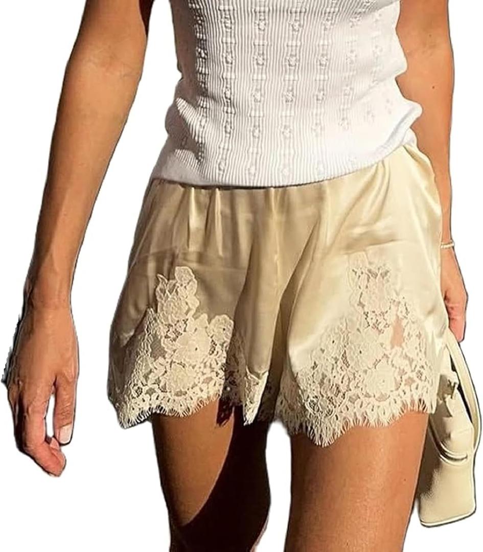 Women Satin Silk Lace Trim Shorts Silky Low Rise Boxer Shorts Y2k Teen Girls Cute Coquette Lounge Slip Bottoms (Medium, Beige)
