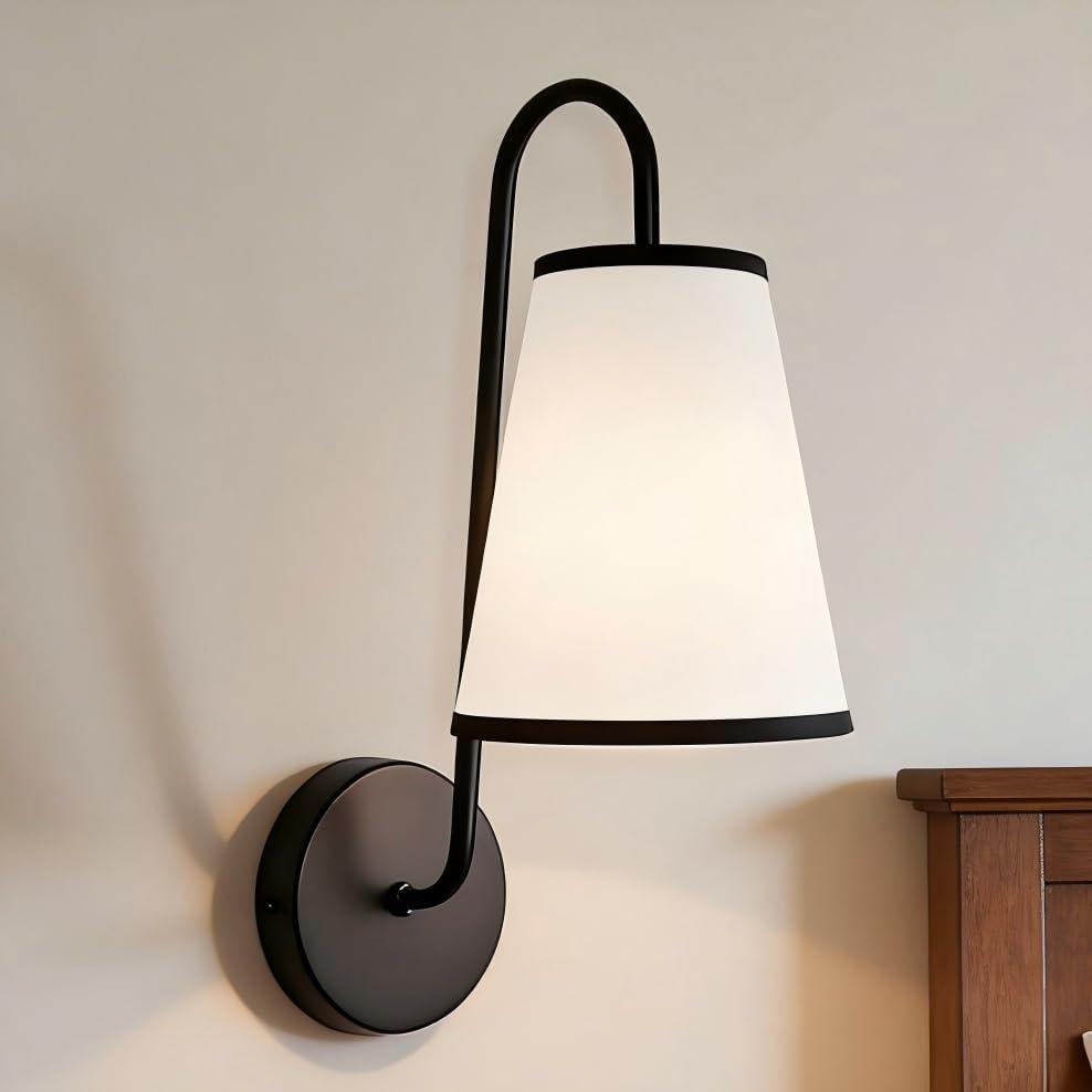 Elegant Design Minimalist Sconce with Linen Shade - Damp Rated in Brass or Plated Steel, Linen Shade Wall Light for Living Room, Bedroom, Kitchen, 6" w x 9" d x 16.5" h (Matte Black)
