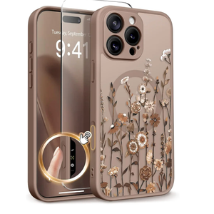 GVIEWIN for iPhone 16 Pro Case Compatible with MagSafe, [Military Grade Protection] [Screen Protector] Full Camera Protection Floral Translucent Women Magnetic Phone Case, Floratopia/Brown
