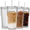 TUZAZO 20 Oz Ribbed Glass Tumblers with Lids and Straws - 4 Pack Reusable Glass Coffee Cups with Straws and Lids, Thicken Glass, Ideal for To Go Iced Coffee