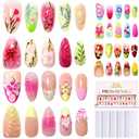 FANDAMEI Press on Nails, 4 Styles 120PCS 3D Flower Press on Nails Short Almond Fake Nails, Medium Almond 3D False Nails, Flower Butterfly Spring Summer Nails for Women