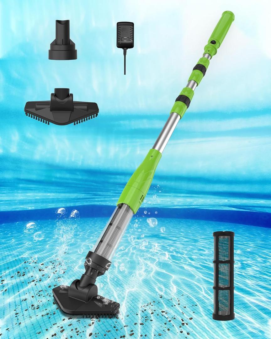 Cordless Rechargeable Pool Vacuum, Handheld Pool Cleaner with Telescopic Pole for Hot Tubs, Spas, Above Ground and Inground Pools Cleaning for Sand and Debris, Green