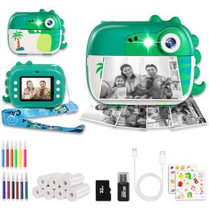 Kids Camera Instant Print,Children Digital Camera Toys with HD Video for Kids Aged 3-12,Christmas Birthday Festival Present for Girls Boys,with 7 Rolls Instant Paper,M3 (Green Dinosaur)