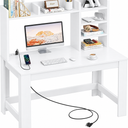 WINAZ 43" White Gaming Desk with Hutch and Built-in Power Outlet Modern Computer Desk with 3-Tier Storage Shelves and Hutch, Space-Saving Writing Table for Home Office