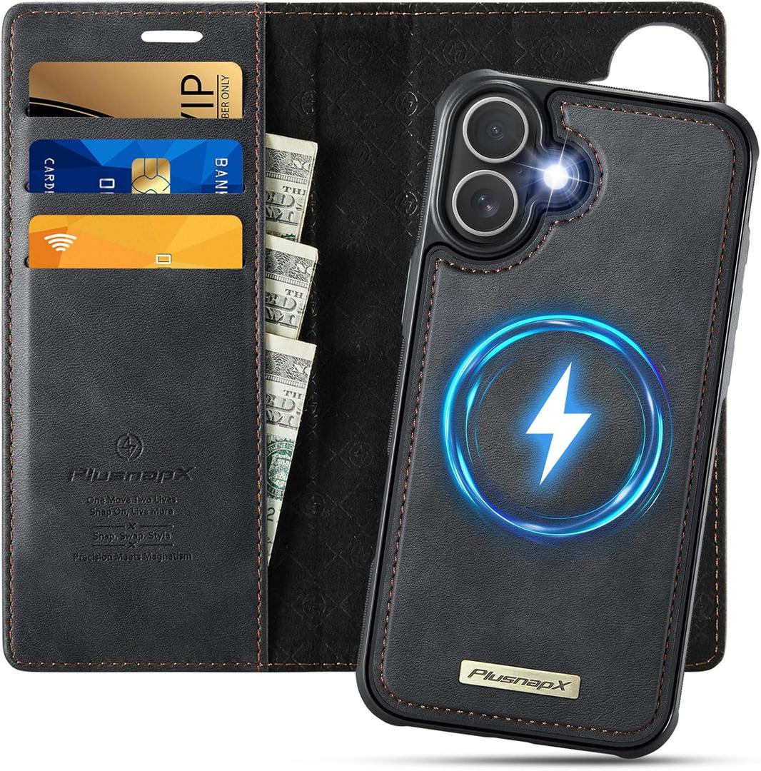 Wallet Case for iPhone 16 Plus Compatible with Magsafe, 2-in-1 PU Leather Flip RFID Blocking Card Holder Stand Shockproof Magnetic Detachable Cover for iPhone 16 Plus Case 6.7", Black