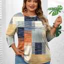 LOMON Plus Size Women Blouses 3/4 Length Sleeve Tops Crewneck Pleated Casual Tees Shirts 1X-5X (Blanket Print)
