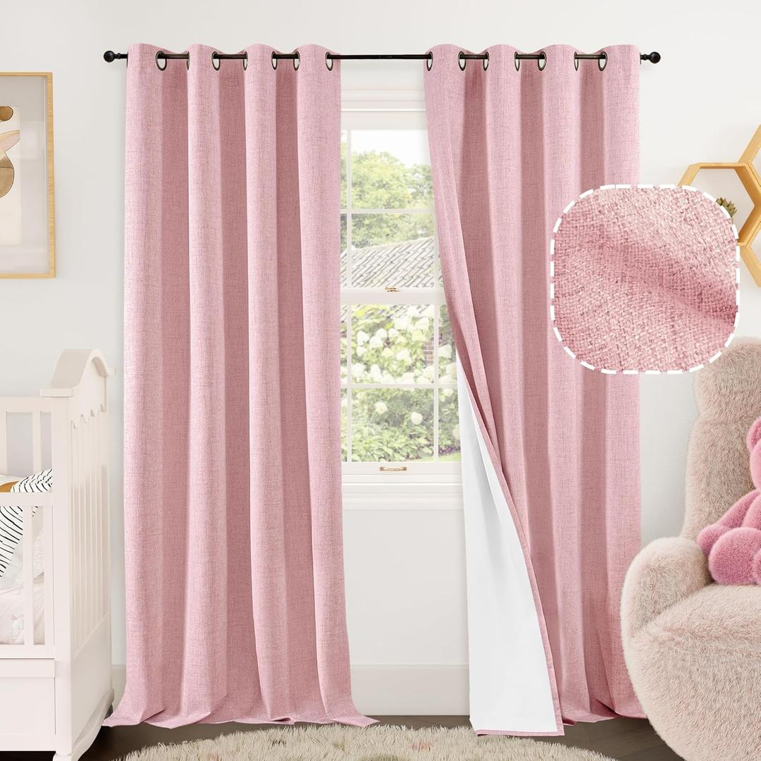 Baby Pink Linen Blackout Curtains for Nursery 95 Inch Length 2 Panels Set, Thermal Insulated Boho Total Black Out Noise Reducing Bonzer Grommets Window Curtains for Girls Bedroom, Each 52 Inch Wide