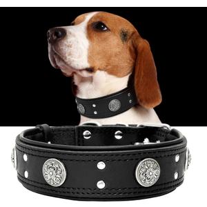Leather Dog Collar for Large Medium Dogs, Heavy Duty 2 Inches Wide Dog Collars, Thick, Strong, Luxury and Studded Dog Collar, Dog Collar (Black, 22.5-26.5 inches)