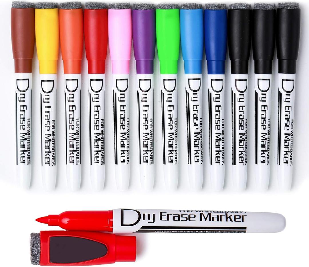 Magnetic Dry Erase Markers With Eraser Cap Low Odor Fine Tip Whiteboard Pens Markers for Kids Thin Box of 12, Color Different