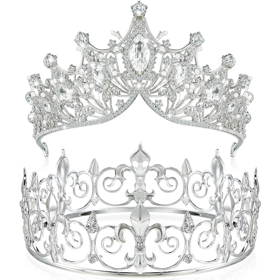 Junkin 2 Pcs Crowns for Men Women Baroque Queen Crown King Prince Tiara Princess Crystal Headband Rhinestone Prom Party (Silver)