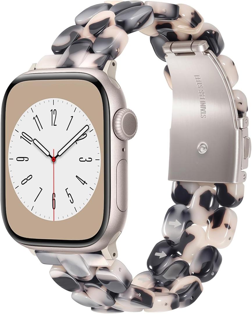 V-MORO Compatible with Apple Watch Band 40mm/41mm/42mm/38mm Women Resin Strap Fashion Dressy Fancy Bracelet lightweight Cute Wristband for iWatch Bands Series 11 10 9 8 7 6 5 4 3 2 1 SE(Black Floral) (Tortoise Stone Flower)