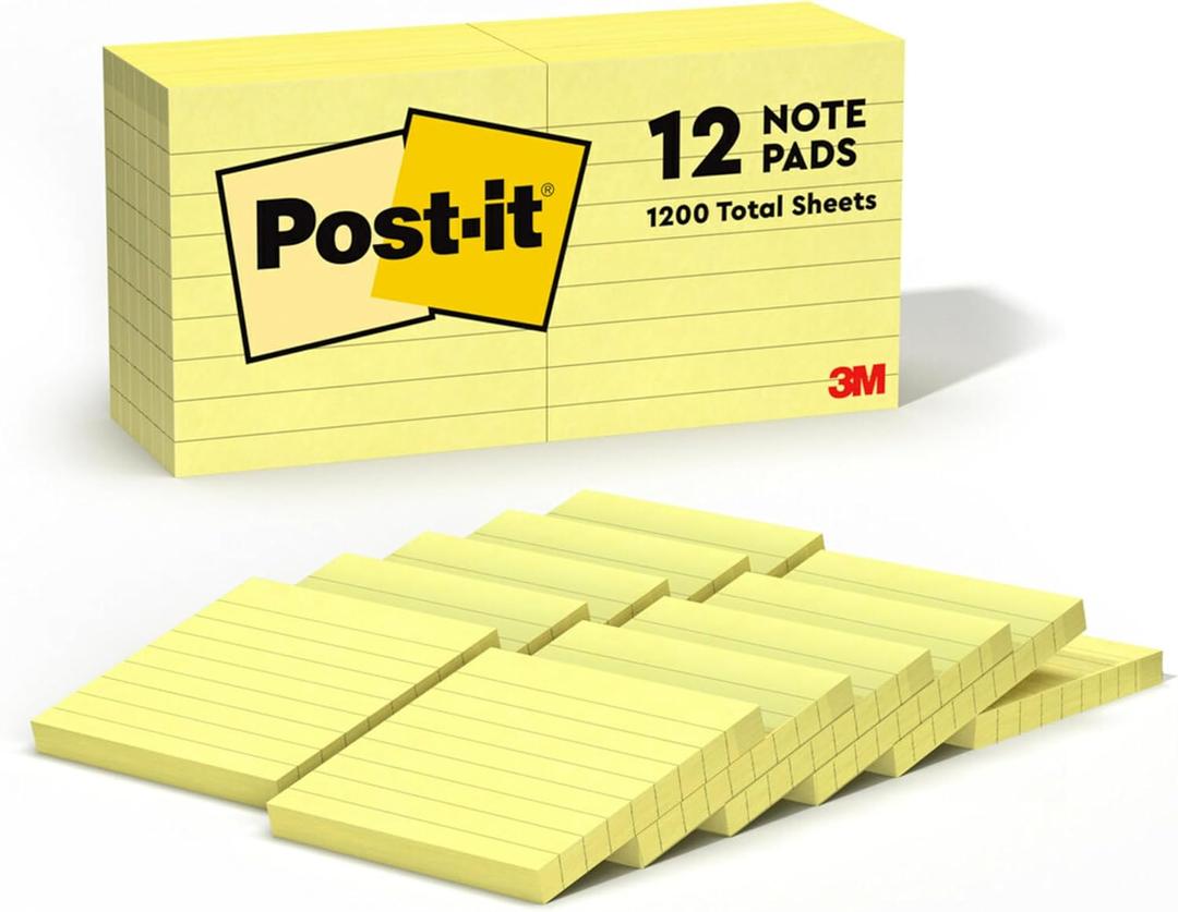 Post-it Notes, 3 in x 3 in, 12 Lined Sticky Notes Pads, 100 Sheets per Pad, The Iconic Canary Yellow Note, New Year Organization or Second Semester School Supplies