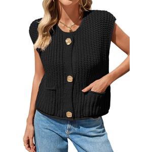 Saodimallsu Womens Sleeveless Cropped Sweater Vest Crochet Chunky Knit Button Down Cardigan Vests Tops with Pockets (X-Large, Black)