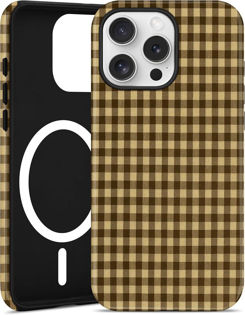 Jusy Compatible with MagSafe Plaid Case for iPhone 16 Plus, Cute Aesthetic Plaid Magnetic Phone Case, Soft TPU and Hard PC Protective Phone Cover for Women Girls（Matte） - Brown Plaid