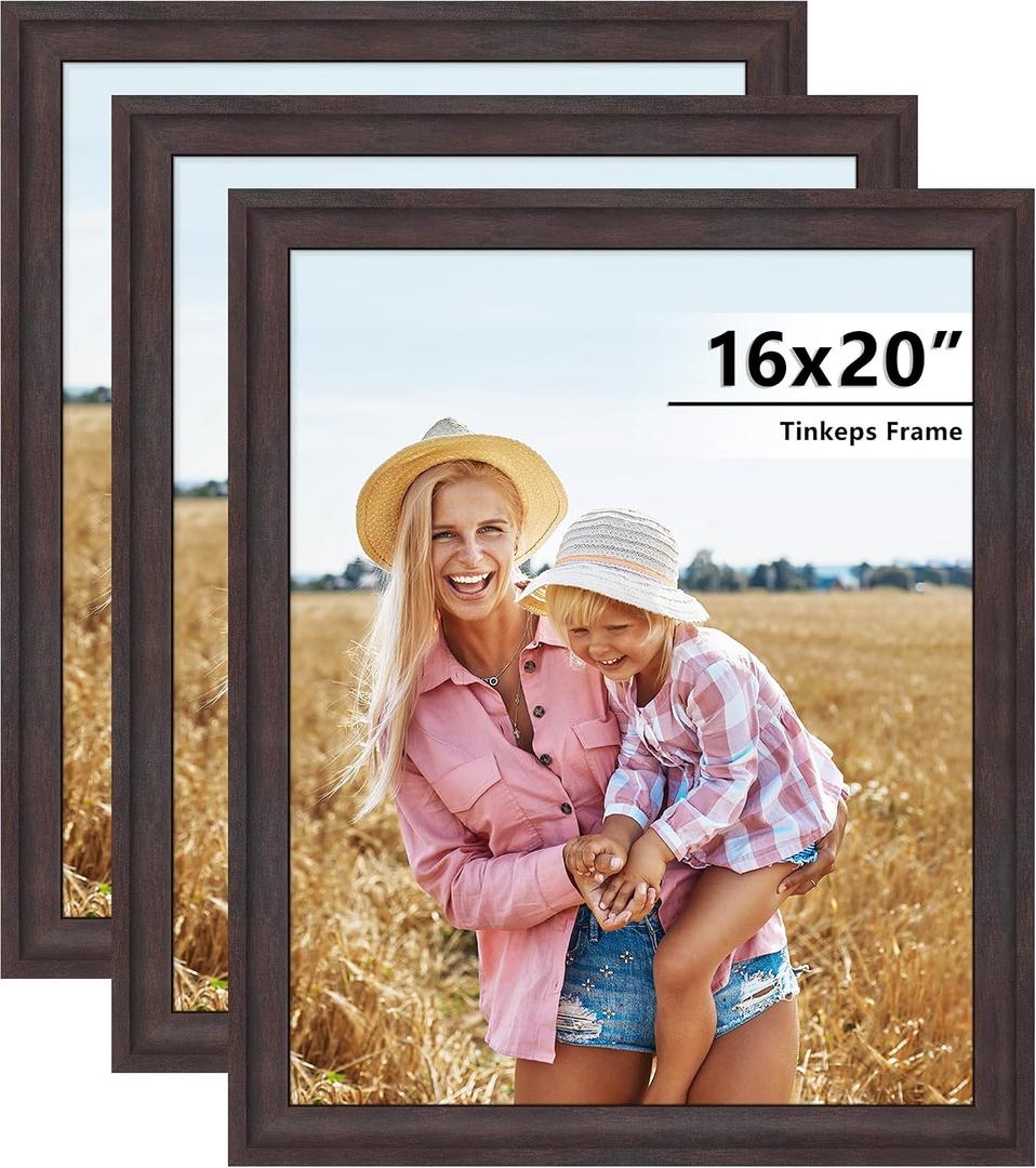 16x20 Frames Walnut Brown Set of 3, 1-3/8" Wide MDF Frame with Plexiglass, Rustic 16 x 20 Picture Frame for Home Decor, Gallery, Artwork, Horizontal or Vertical Wall Mount