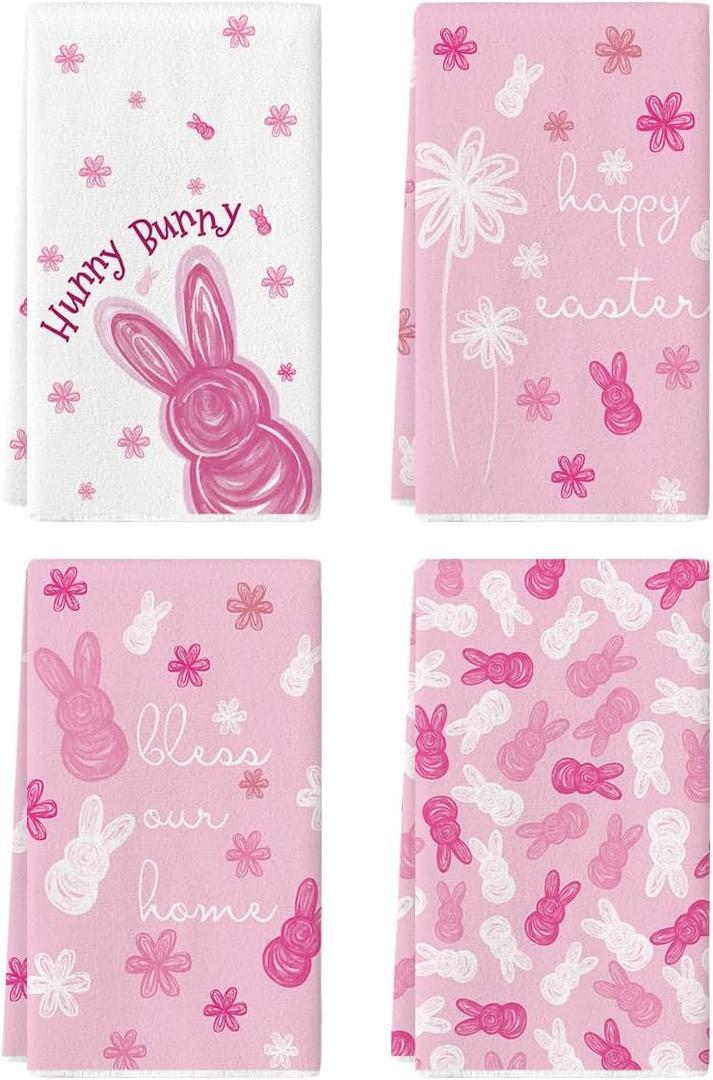Artoid Mode Pink Rabbit Flowers Bless Our Home Happy Easter Spring Kitchen Towels Dish Towels, 18x26 Inch Farmhouse Summer Decoration Cleaning Set of 4