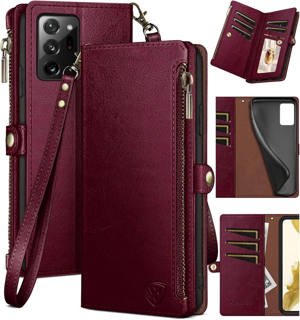 XcaseBar for Samsung Galaxy Note 20 Ultra Wallet case with Zipper Credit Card HolderRFID Blocking, Flip Folio Book PU Leather Phone case Shockproof Cover Women for Samsung Note20Ultra case Wine Red