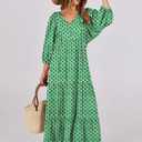 ANRABESS Womens Boho Maxi Dresses 2026 Summer V Neck Puff Sleeve Floral Flowy Swing Fall Casual Long Dress (Green, S)