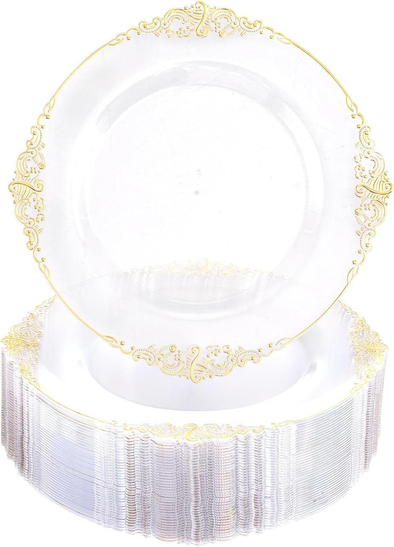 Morejoy 100 Pieces Gold Plastic Plates - Clear Gold Disposable Plates - 10.25inch Clear Plastic Dinner Plates With Gold Rim for Weddings & Parties & Shower Morejoy 100 Pieces Gold Plastic Plates - Clear Gold Disposable Plates - 10.25inch Clear Plastic Dinner Plates With Gold Rim for Weddings & Parties & Shower