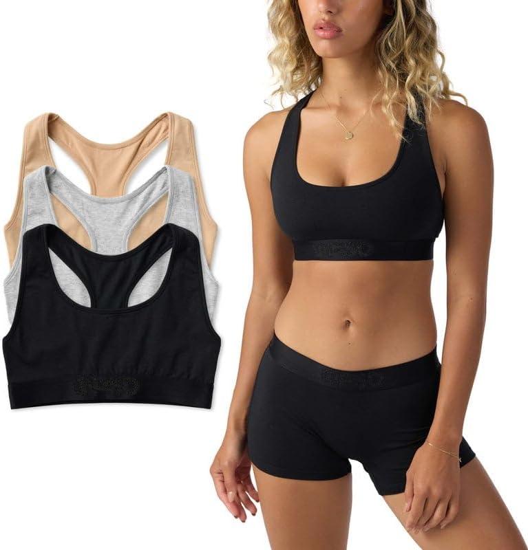 PSD Underwear Women's Sports Bra - Soft Modal Basics, Medium Support Sports Bras for Women, Racerback, Women's Loungewear Bras (Small, Neutrals 3-pack)