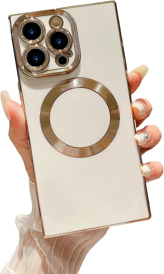 Owncase Magnetic for iPhone 15 Pro Max Case, (Compatible with MagSafe) (Full Camera Lens Protection) (Reinforced Corners) Shockproof Soft TPU Electroplate Edge Bumper Case for Women, White