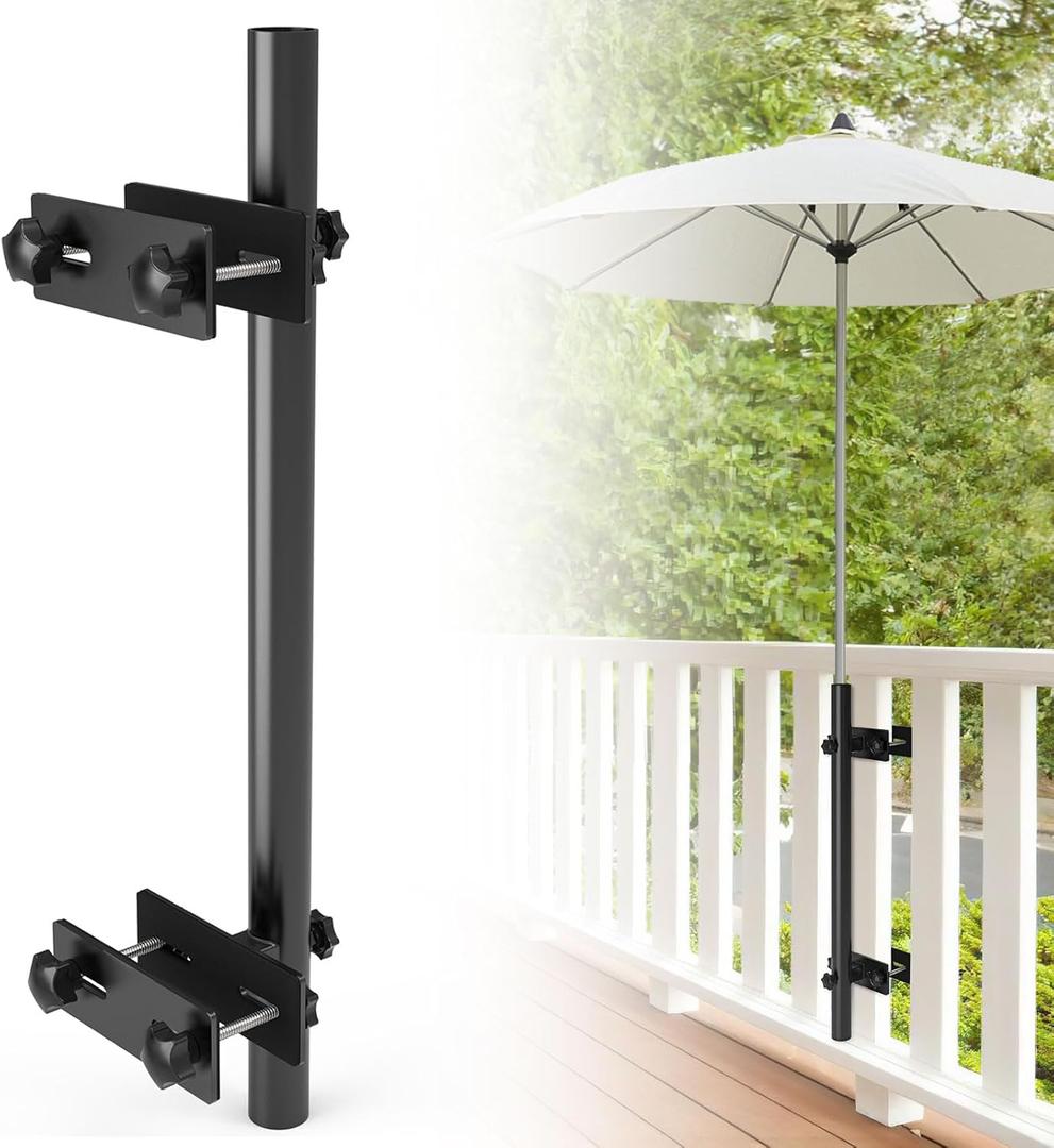 Linone Patio Umbrella Holder for Deck Railing, Adjustable Deck Umbrella Mount Outdoor, Attachable to Railing Mounting Brackets, Maximizes Deck Space
