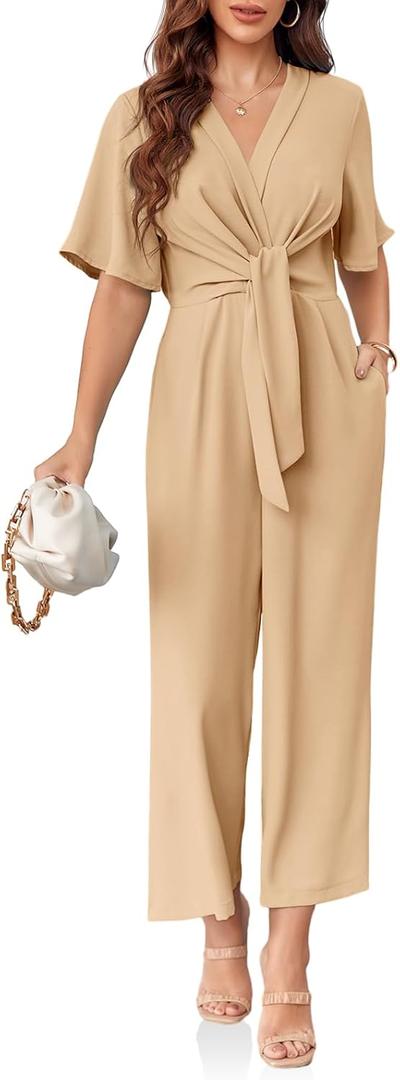 Cicy Bell Women's Elegant V Neck Jumpsuits Dressy Casual Short Sleeve Wide Leg Long Pants Rompers (Large, Khaki)