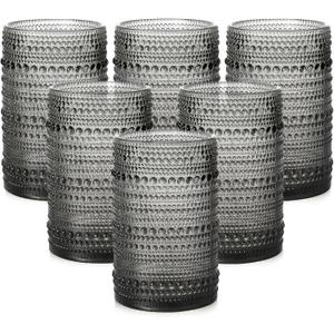 ZMOWIPDL Vintage Glassware Drinking Glasses Set of 6,15 oz Hobnail Glass Cups,Embossed Grey Water Tumbler,for Beer,Cocktail,Whiskey,Juice and Various Mixed Drinks- 1 Cleaning Brush