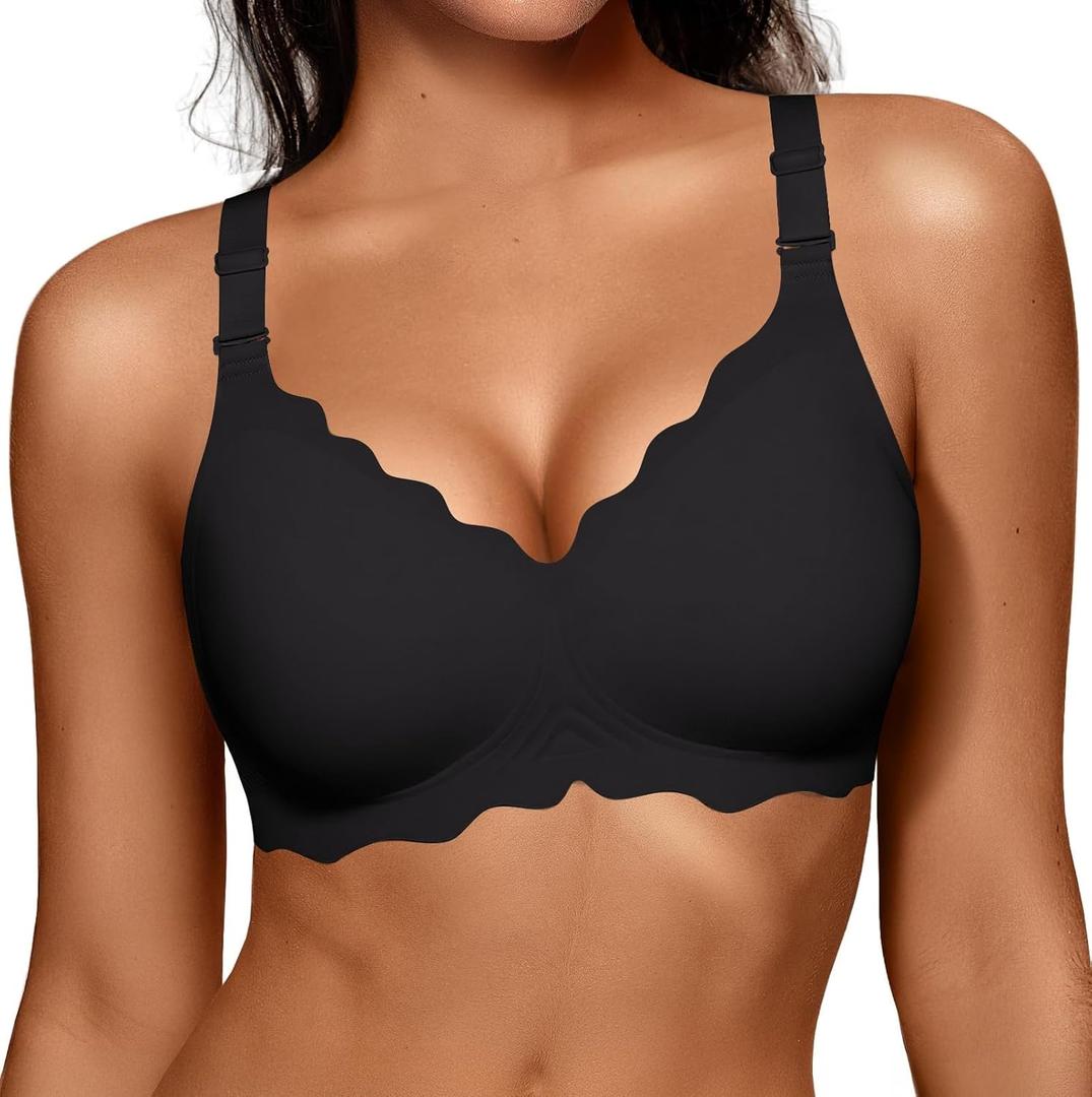 OEAK Women Jelly Bras No Underwire Scalloped Push Up Buttery Soft Tshirt Bra Seamless Full Coverage Convertible Everyday Bra Black, 3XL