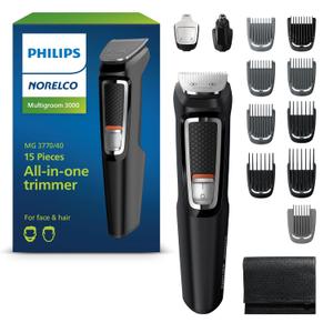 Norelco Philips Multigroom 3000 Series, All-in-One Trimmer, Beard Trimmer and Hair Clipper, 15-Piece Men's Grooming Kit for Head, Beard, Face, Nose, Ears, No Blade Oil Needed, Soft Pouch, MG3770/40 (Black)