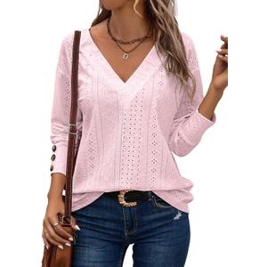 Dokotoo Women's Tops Dressy Casual V Neck Long Sleeve Buttons Hollow Out Lace Embroidered Blouses Shirts (X-Large, Light Pink)