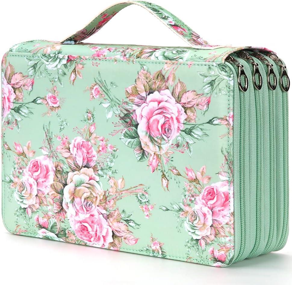 Vomgomfom Colored Pencil Case - 200 Slots Pencil Holder with Zipper Closure Twill Fabric Large Capacity Pencil Case for Watercolor Pens or Markers, Pencil Case Organizer for Artist or Student (Green Rose)