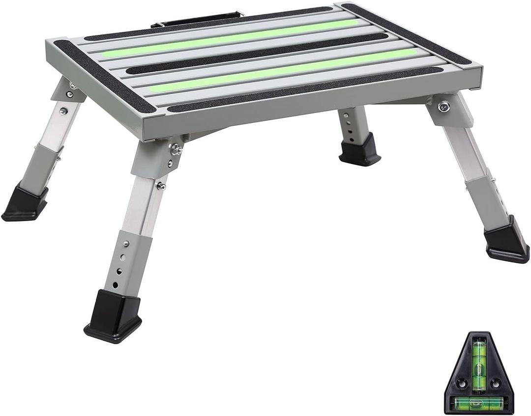 Homeon Wheels Iron RV Steps Adjustable Folding Step Stool with Non-Slip Rubber Feet, Stable Platform Supports 1000bs, Safety Strips, Handle, Easy Carry, Outdoor Camper Trailer Travel - Gray