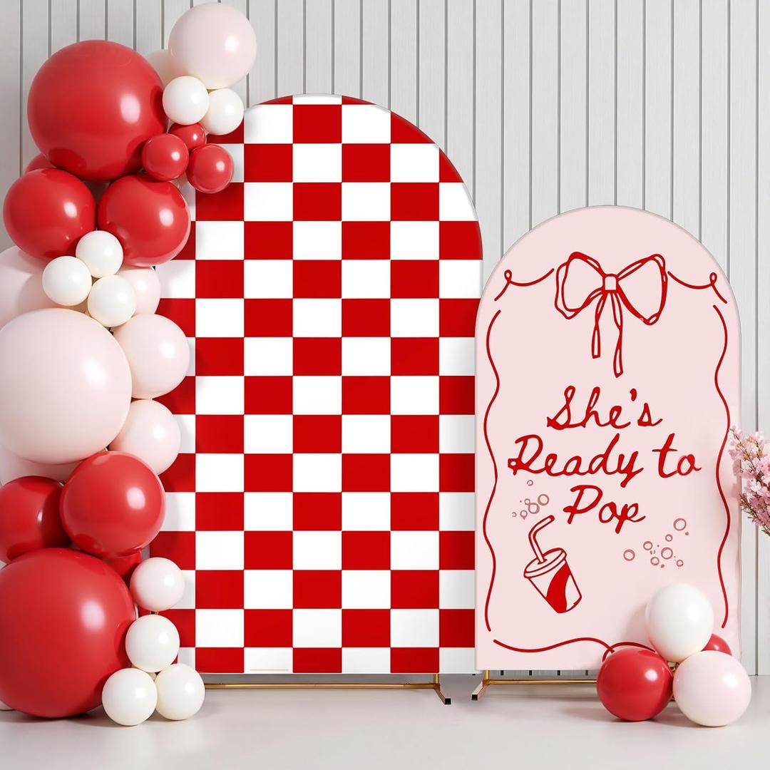Mindsoft 2 Pcs Ready to Pop Arch Backdrop Cover 6ft and 7.2ft Red and White Checkered Spandex Stand Cover for Baby Show Birthday Wedding Bridal Shower Party Decorations