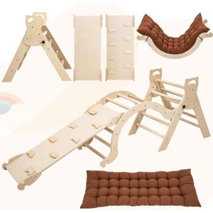 Pikler Triangle Set with Cushion, Arch and Slide, Toddler Climbing Toys Indoor Playground, Montessori Climbing Set, Indoor Jungle Gym, Wooden Pickler-3 Piece Climbing Gym for Kids 1-4yr