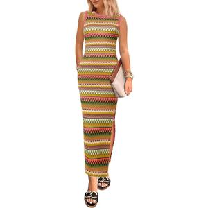 PRETTYGARDEN Womens Maxi Tank Spring Dress Sleeveless Crew Neck Striped Side Slit Casual Long Bodycon Dresses (XL)