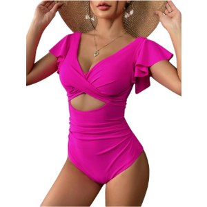 AI'MAGE Women's Ruffle One Piece Swimsuit V Neck Tummy Control Bathing Suits Cutout Backless Swimwear, Medium