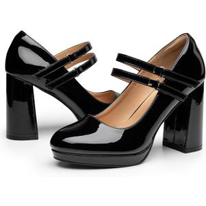Trary Platform Mary Jane Shoes Womens Heels, Chunky Heels Mary Janes Dress Shoes for Women Close Round Toe Pumps Shoes with Buckle Strap for Office Party Casual Wedding (10, PatentBlack)