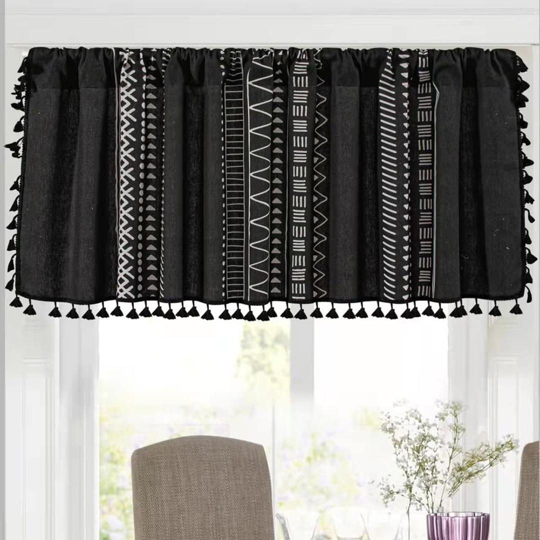 RYNGHIPY Cotton Linen Boho Curtains with Tassels Black and Ivory Striped Curtains Valances for Windows Farmhouse Window Treatment for Kitchen Bathroom 55-inch by 18-inch (55"W x 18"L (Pack of 1))